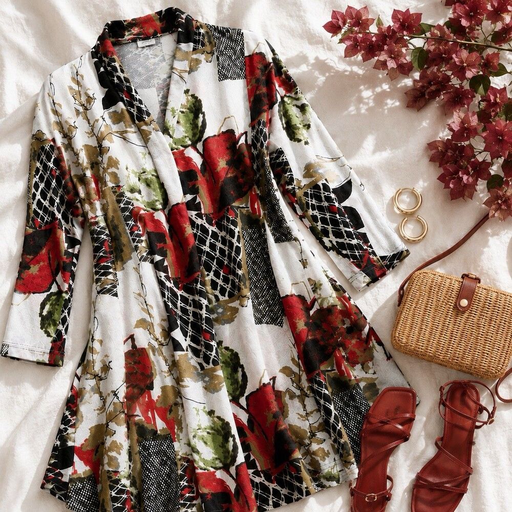 Whispers Long Floral Open Front Kimono Cardigan Size M